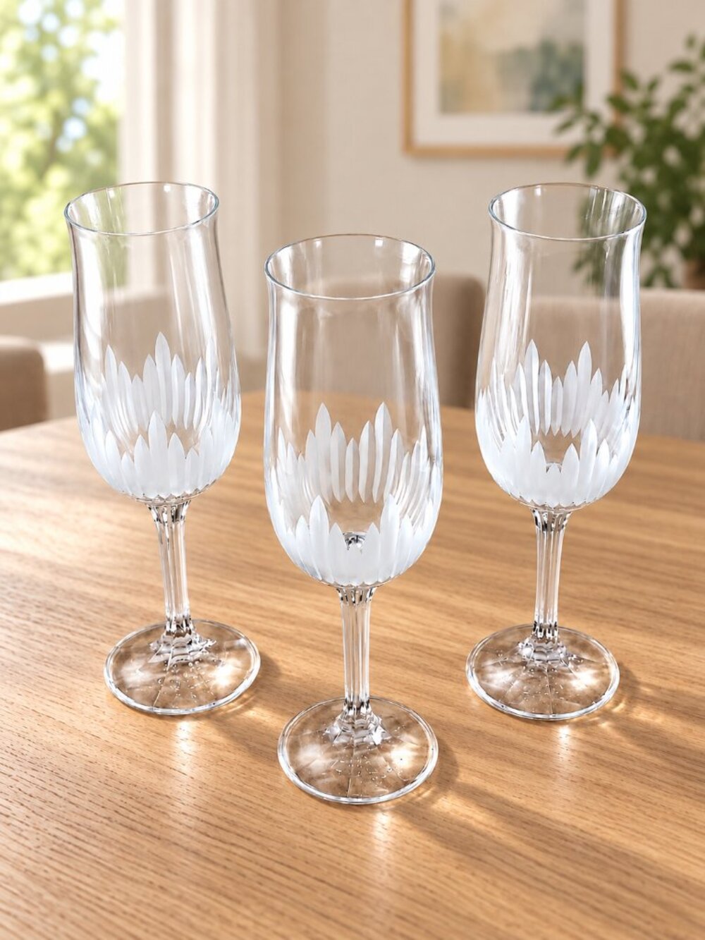Set of 3 Frosted Petal Champagne Flutes Clear Stemware 8 Inch